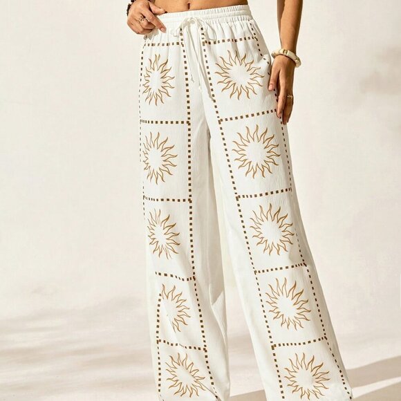 Apricot Casual Women's Bohemian Style Vacation Pattern Elastic Waist Drawstring - Picture 3 of 8